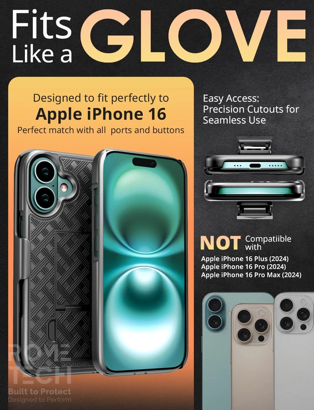 Alt view image 2 of 7 - Rome Tech for Apple iPhone 16 Case with Belt Clip Holster, 3-Pack Tempered Glass Screen Protector, Kickstand Slim Cover Phone Case for iPhone 16 - Black