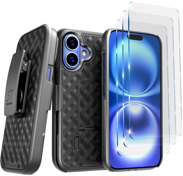 Main image of Rome Tech for Apple iPhone 16 Case with Belt Clip Holster, 3-Pack Tempered Glass Screen Protector, Kickstand Slim Cover Phone Case for iPhone 16 - Black