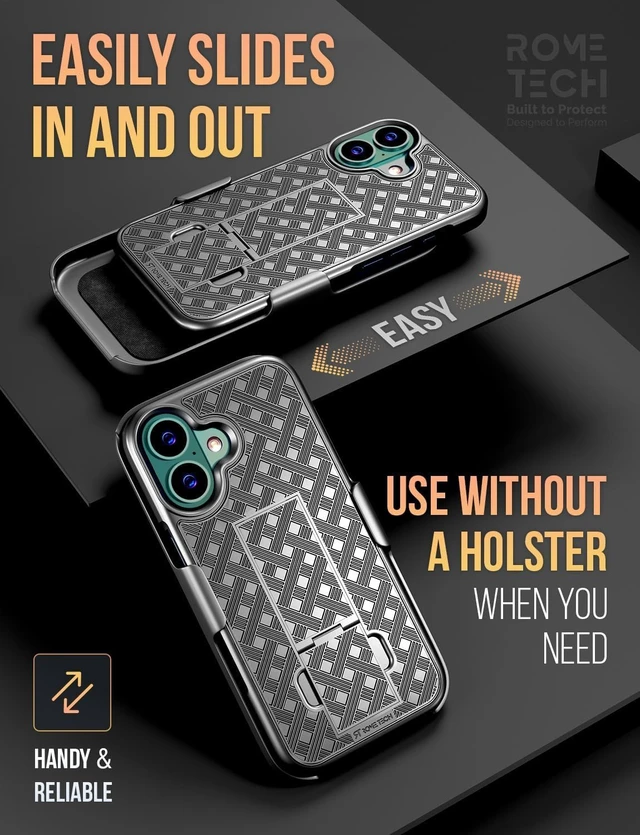Alt view image 5 of 7 - Rome Tech for Apple iPhone 16 Case with Belt Clip Holster, 3-Pack Tempered Glass Screen Protector, Kickstand Slim Cover Phone Case for iPhone 16 - Black