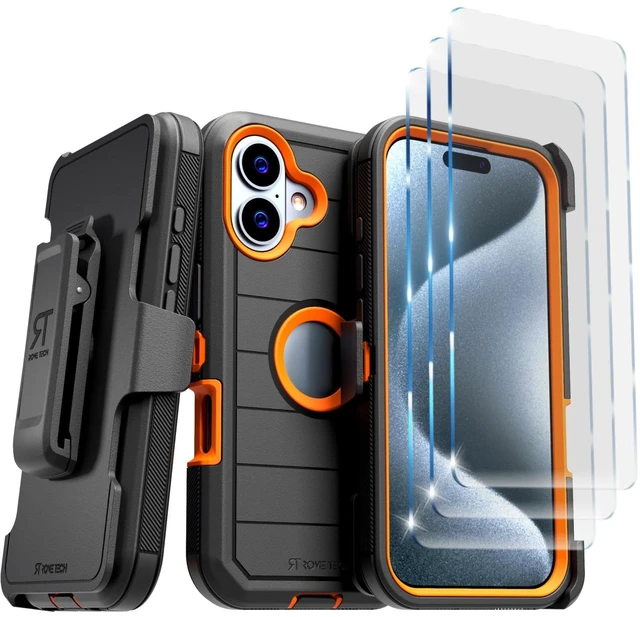 Main image of Rome Tech for Apple iPhone 16 Plus Case with Belt Clip Holster & Kickstand, Protective Dual-Layer Shockproof Phone Case and 3-Pack Tempered Glass Screen Protector for iPhone 16 Plus - Black & Orange