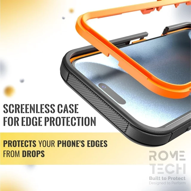 Alt view image 3 of 7 - Rome Tech for Apple iPhone 16 Plus Case with Belt Clip Holster & Kickstand, Protective Dual-Layer Shockproof Phone Case and 3-Pack Tempered Glass Screen Protector for iPhone 16 Plus - Black & Orange