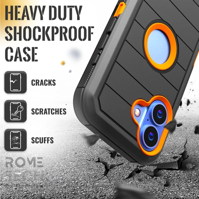 Alt view image 7 of 7 - Rome Tech for Apple iPhone 16 Plus Case with Belt Clip Holster & Kickstand, Protective Dual-Layer Shockproof Phone Case and 3-Pack Tempered Glass Screen Protector for iPhone 16 Plus - Black & Orange