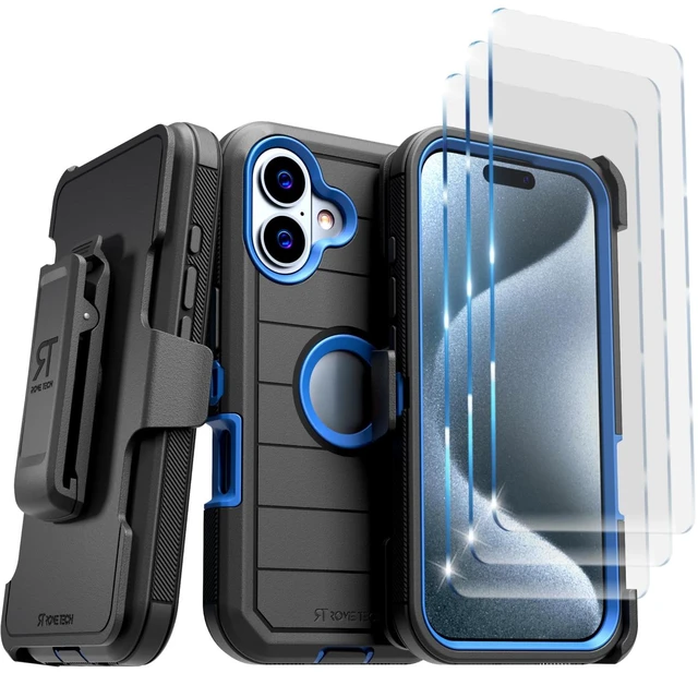 Main image of Rome Tech for Apple iPhone 16 Plus Case with Belt Clip Holster & Kickstand, Protective Dual-Layer Shockproof Phone Case and 3-Pack Tempered Glass Screen Protector for iPhone 16 Plus - Black & Blue