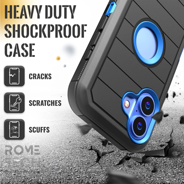 Alt view image 7 of 7 - Rome Tech for Apple iPhone 16 Plus Case with Belt Clip Holster & Kickstand, Protective Dual-Layer Shockproof Phone Case and 3-Pack Tempered Glass Screen Protector for iPhone 16 Plus - Black & Blue