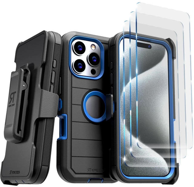 Main image of Rome Tech for Apple iPhone 16 Pro Case with Belt Clip Holster & Kickstand, Protective Dual-Layer Shockproof Phone Case and 3-Pack Tempered Glass Screen Protector for iPhone 16 Pro - Black & Blue