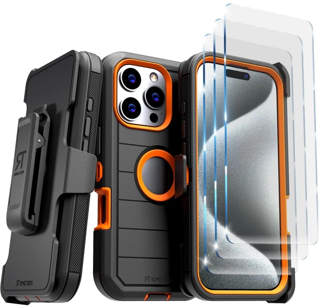 Main image of Rome Tech for Apple iPhone 16 Pro Case with Belt Clip Holster & Kickstand, Protective Dual-Layer Shockproof Phone Case and 3-Pack Tempered Glass Screen Protector for iPhone 16 Pro - Black & Orange