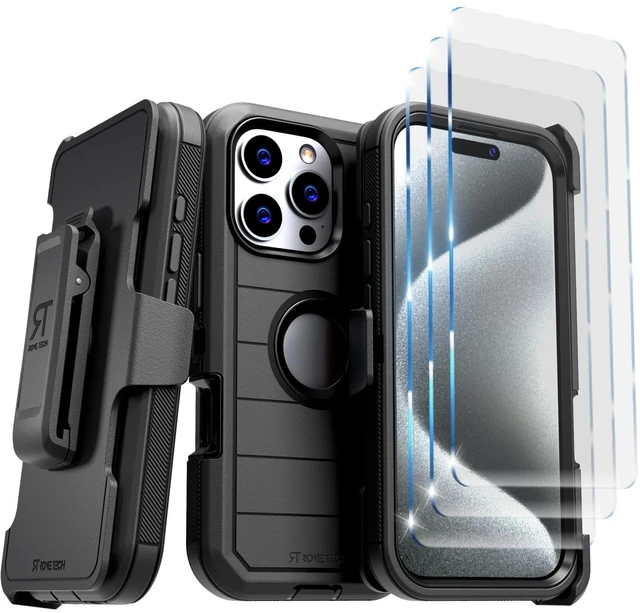 Main image of Rome Tech for Apple iPhone 16 Pro Case with Belt Clip Holster & Kickstand, Protective Dual-Layer Shockproof Phone Case and 3-Pack Tempered Glass Screen Protector for iPhone 16 Pro - Black