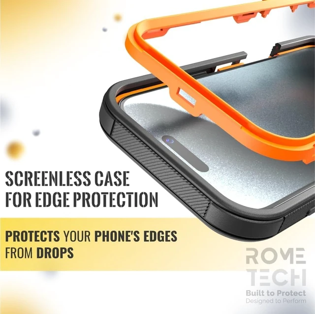 Alt view image 3 of 7 - Rome Tech for Apple iPhone 16 Pro Case with Belt Clip Holster & Kickstand, Protective Dual-Layer Shockproof Phone Case and 3-Pack Tempered Glass Screen Protector for iPhone 16 Pro - Black & Orange
