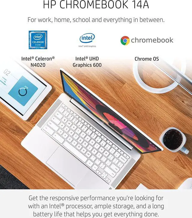 Alt view image 2 of 6 - HP Chromebook 14A-NA0023NR, Intel Celeron N4120, 4GB RAM 32GB eMMC 14" HD, White