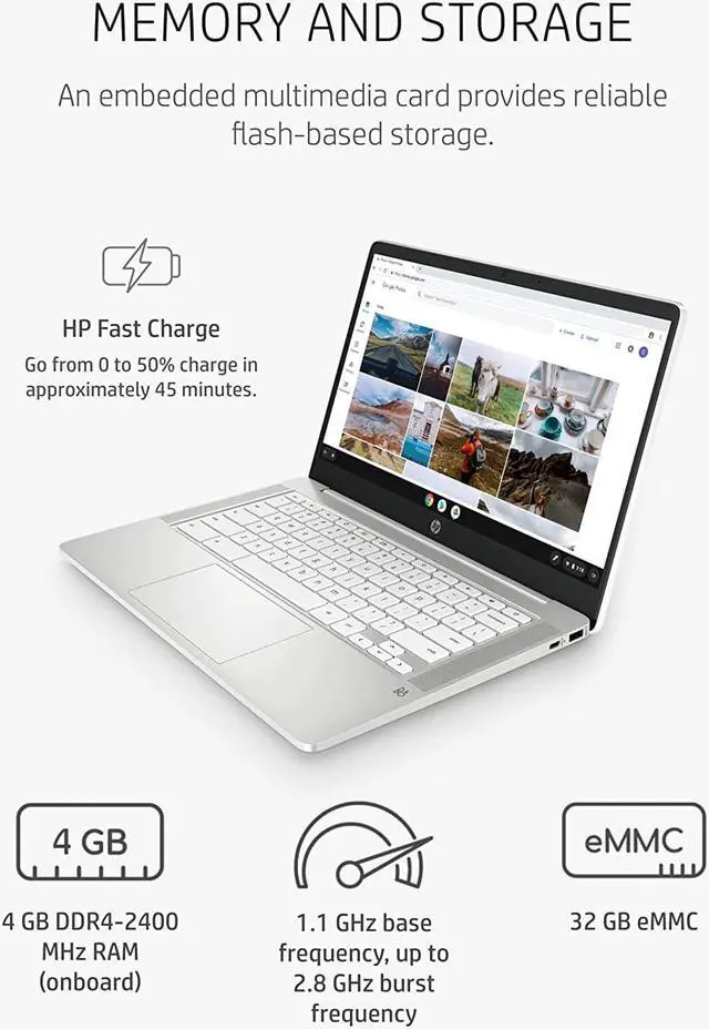 Alt view image 3 of 6 - HP Chromebook 14A-NA0023NR, Intel Celeron N4120, 4GB RAM 32GB eMMC 14" HD, White