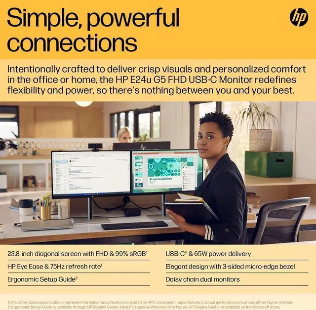 Alt view image 3 of 10 - HP E24u G5 23.8" FHD Monitor IPS USB-C 16:9 Brightness 250 nits 1000:1 5ms HDMI DisplayPort VESA Mount HP Eye Ease Anti-glare Tilt and Height Adjustable - 6N4D0AA