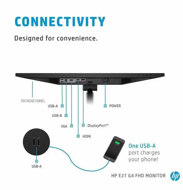 Alt view image 4 of 12 - HP E27 G4 27" FHD IPS Monitor 60Hz Response Time 5ms Contrast Ratio 1000:1 Brightness 250 cd/m² DisplayPort, HDMI & VGA Inputs USB Hub Tilt and Height Adjustment - 9VG71AA
