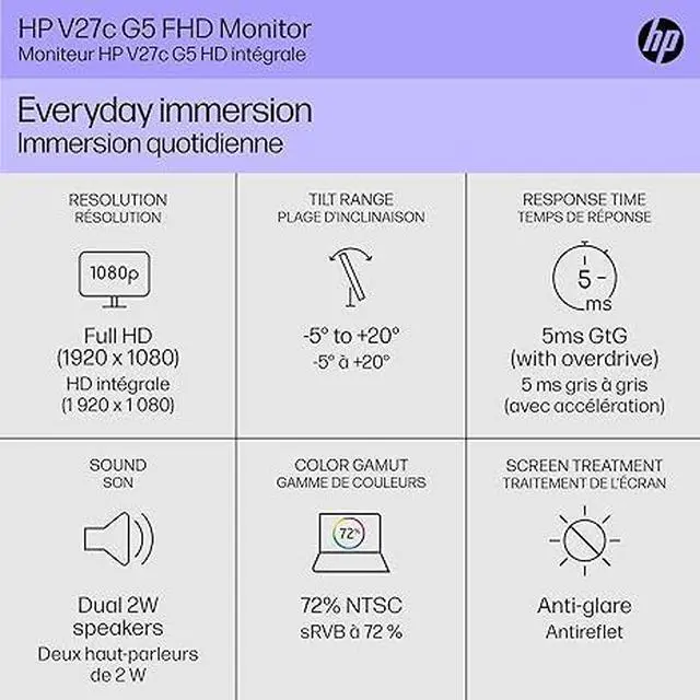 Alt view image 11 of 12 - HP V27c G5 27" VA FHD (1920x1080) Curved Monitor 75Hz, 5ms, 16:9, Flicker-free, AMD FreeSync HDMI & DisplayPort - 65P60AA