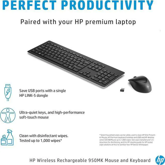 Alt view image 3 of 5 - HP Wireless Rechargeable 950MK Mouse Keyboard Full Size for PCs with USB A Port