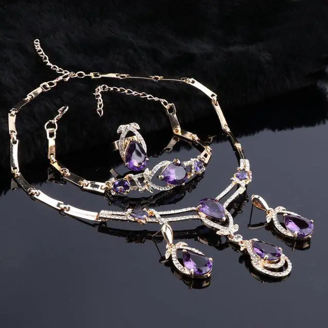 Alt view image 2 of 7 - Exquisite Purple Zircon Crystal Necklace Earring Bracelet Ring Bridal Jewelry Sets For Women Gift Party Wedding Prom