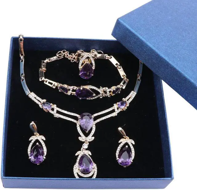 Alt view image 7 of 7 - Exquisite Purple Zircon Crystal Necklace Earring Bracelet Ring Bridal Jewelry Sets For Women Gift Party Wedding Prom