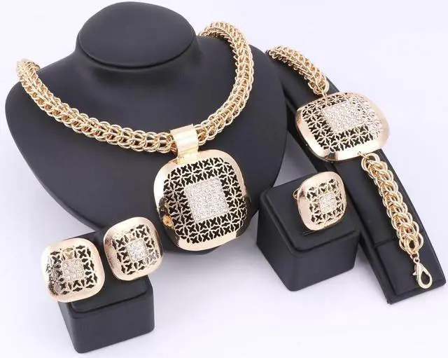 Alt view image 2 of 7 - Fashion African Beads Jewelry Set Exquisite Dubai Gold Color Square Crystal Jewelry Set Nigerian Wedding Bridal Bijoux