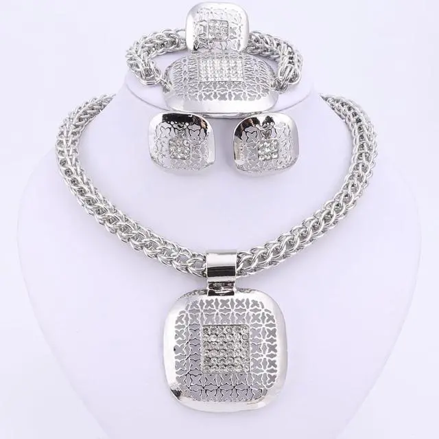Main image of Fashion African Beads Jewelry Set Exquisite Dubai Gold Color Square Crystal Jewelry Set Nigerian Wedding Bridal Bijoux Silver