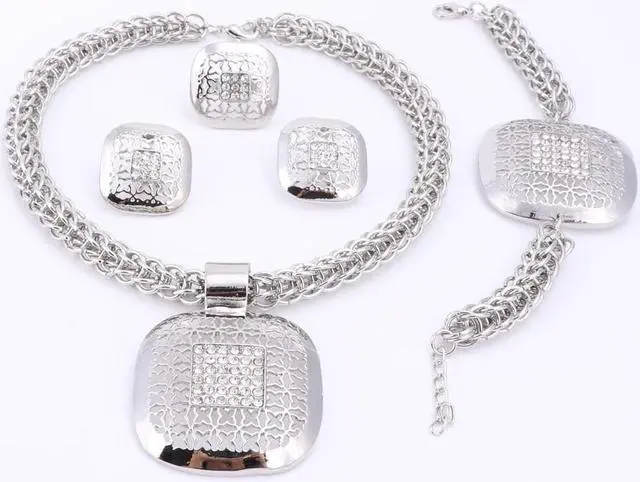 Alt view image 2 of 5 - Fashion African Beads Jewelry Set Exquisite Dubai Gold Color Square Crystal Jewelry Set Nigerian Wedding Bridal Bijoux Silver