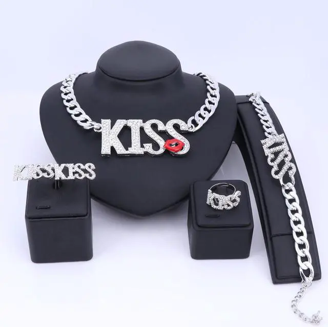 Main image of Women Charm Bridal Earrings Ring Kiss Lipstick Big Letter Pendant Sets Classic Wedding Necklace Bracelet Jewelry Set Silver