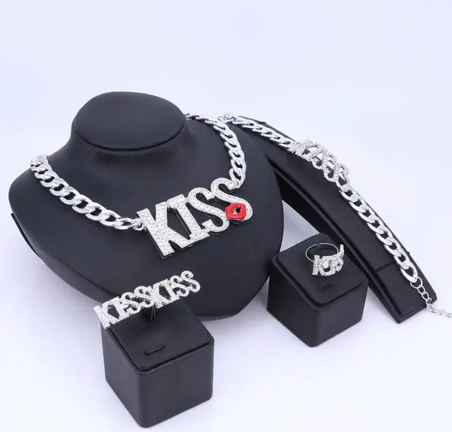 Alt view image 2 of 7 - Women Charm Bridal Earrings Ring Kiss Lipstick Big Letter Pendant Sets Classic Wedding Necklace Bracelet Jewelry Set Silver