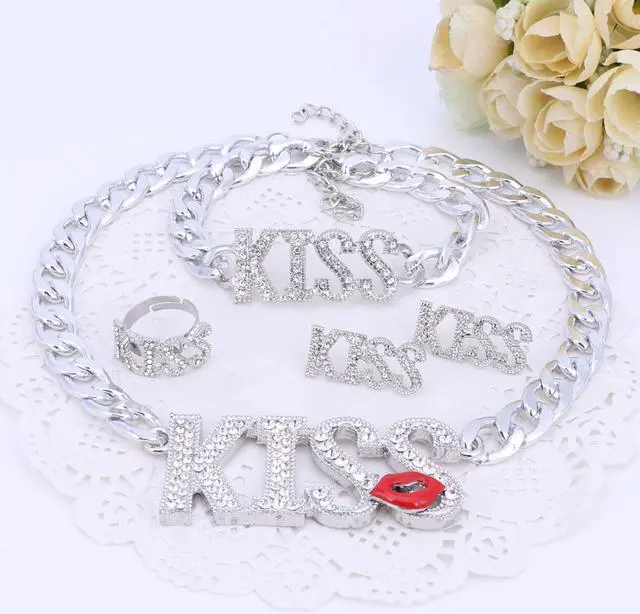 Alt view image 3 of 7 - Women Charm Bridal Earrings Ring Kiss Lipstick Big Letter Pendant Sets Classic Wedding Necklace Bracelet Jewelry Set Silver