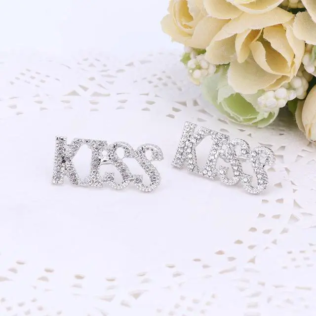 Alt view image 6 of 7 - Women Charm Bridal Earrings Ring Kiss Lipstick Big Letter Pendant Sets Classic Wedding Necklace Bracelet Jewelry Set Silver