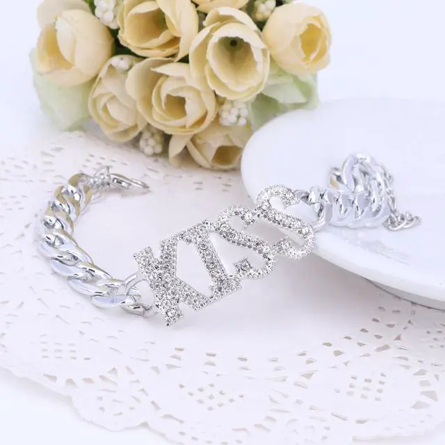 Alt view image 7 of 7 - Women Charm Bridal Earrings Ring Kiss Lipstick Big Letter Pendant Sets Classic Wedding Necklace Bracelet Jewelry Set Silver