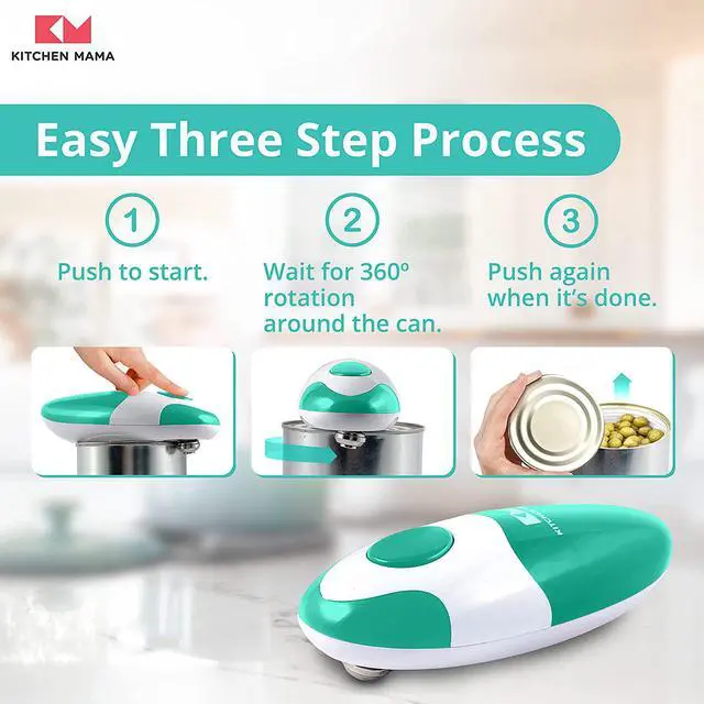 Alt view image 4 of 7 - Kitchen Mama Electric Can Opener 2.0: Upgraded Blade Opens Any Can Shape, No Sharp Edge,Food-Safe,Handy with Lid Lift, Battery Operated Handheld Can Opener (Teal Green V2)
