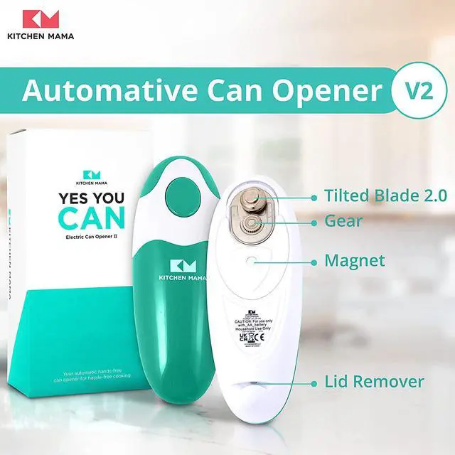 Alt view image 2 of 7 - Kitchen Mama Electric Can Opener 2.0: Upgraded Blade Opens Any Can Shape, No Sharp Edge,Food-Safe,Handy with Lid Lift, Battery Operated Handheld Can Opener (Teal Green V2)