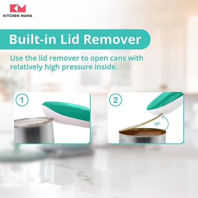 Alt view image 6 of 7 - Kitchen Mama Electric Can Opener 2.0: Upgraded Blade Opens Any Can Shape, No Sharp Edge,Food-Safe,Handy with Lid Lift, Battery Operated Handheld Can Opener (Teal Green V2)