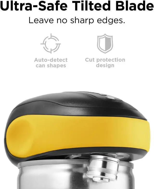 Alt view image 3 of 6 - Kitchen Mama One-To-Go Electric Can Opener: Open Cans with One Press- Auto Detect Any Can Shapes, Auto-Stop As Task Completes, No Sharp Edge, Handy with Lid Lift, Battery Operated Can Opener (Yellow)