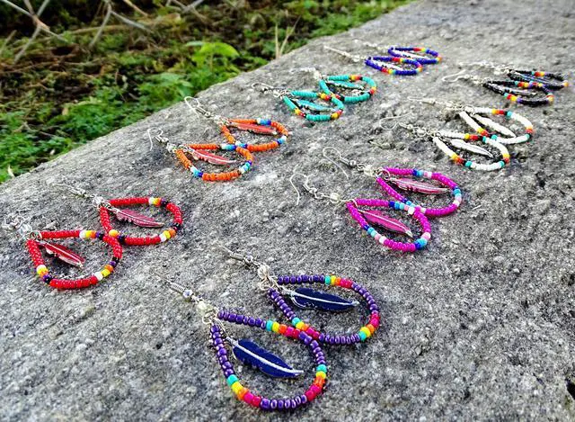 Alt view image 3 of 3 - Native American Inspired Teardrop Shaped Seed Beaded Hoop Metal Feather Charm Dangle Earrings - Womens Fashion Handmade Jewelry Boho Accessories