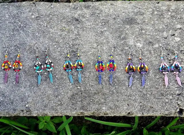 Alt view image 2 of 3 - Native American Inspired Teardrop Shaped Seed  Beaded Chip Stone Metal Feather Charm Dangle Earrings - Womens Fashion Handmade Jewelry Boho Accessories