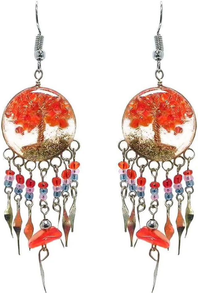 Main image of Tree of Life Crushed Stone Inlay Round Acrylic Long Beaded Chip Dangle Earrings - Womens Fashion Handmade Jewelry Boho Accessories