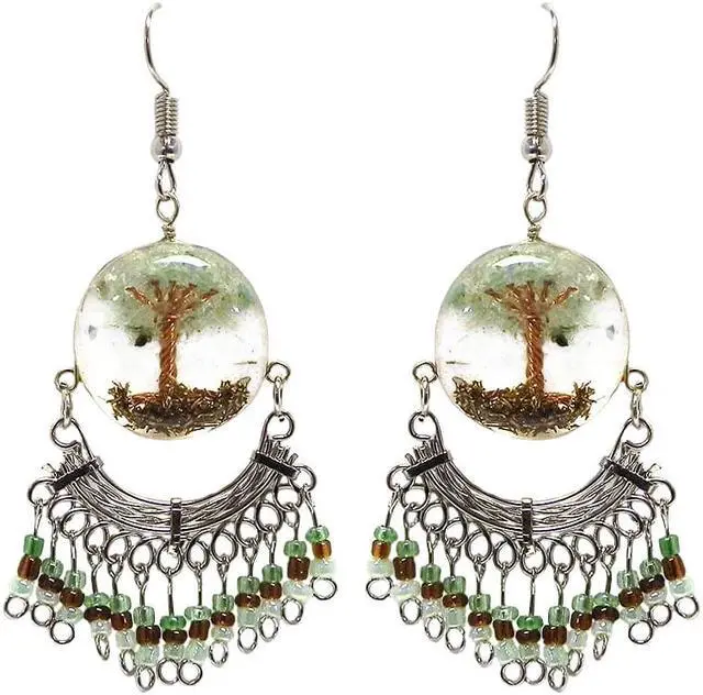 Main image of Tree of Life Crushed Chip Stone Inlay Round Acrylic Beaded Silver Metal Dangle Earrings - Womens Fashion Handmade Jewelry Boho Accessories