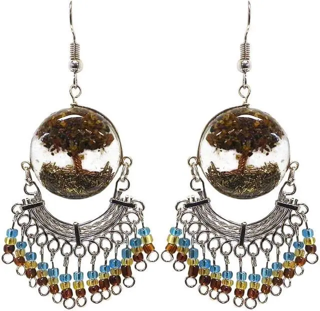 Main image of Tree of Life Crushed Chip Stone Inlay Round Acrylic Beaded Silver Metal Dangle Earrings - Womens Fashion Handmade Jewelry Boho Accessories