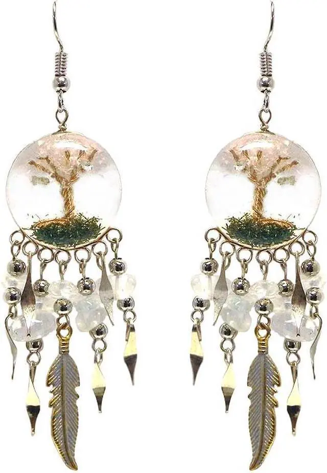 Main image of Tree of Life Crushed Chip Stone Inlay Round Acrylic Long Colored Metal Feather Dangle Earrings - Womens Fashion Handmade Jewelry Boho Accessories