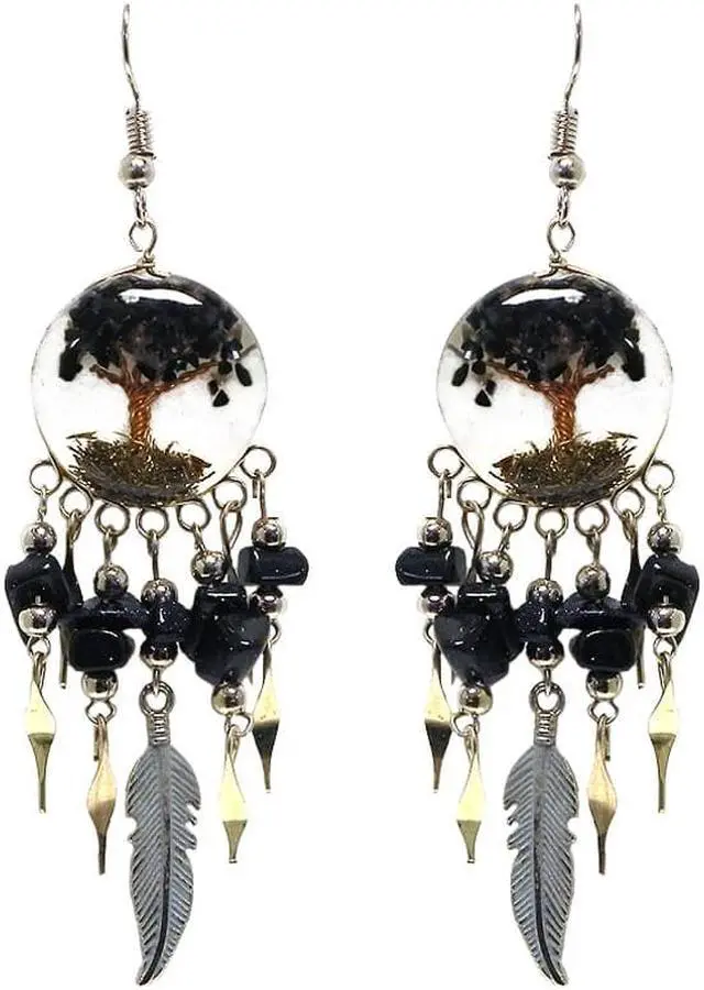 Main image of Tree of Life Crushed Chip Stone Inlay Round Acrylic Long Colored Metal Feather Dangle Earrings - Womens Fashion Handmade Jewelry Boho Accessories