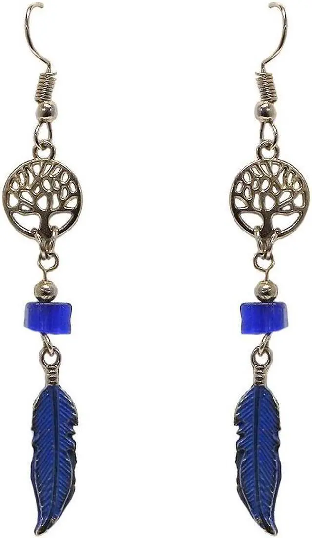Main image of Round Silver Metal Tree of Life Long Colored Feather Charm Dangle Earrings - Womens Fashion Handmade Jewelry Boho Accessories