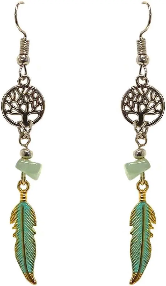 Main image of Round Silver Metal Tree of Life Long Colored Feather Charm Dangle Earrings - Womens Fashion Handmade Jewelry Boho Accessories