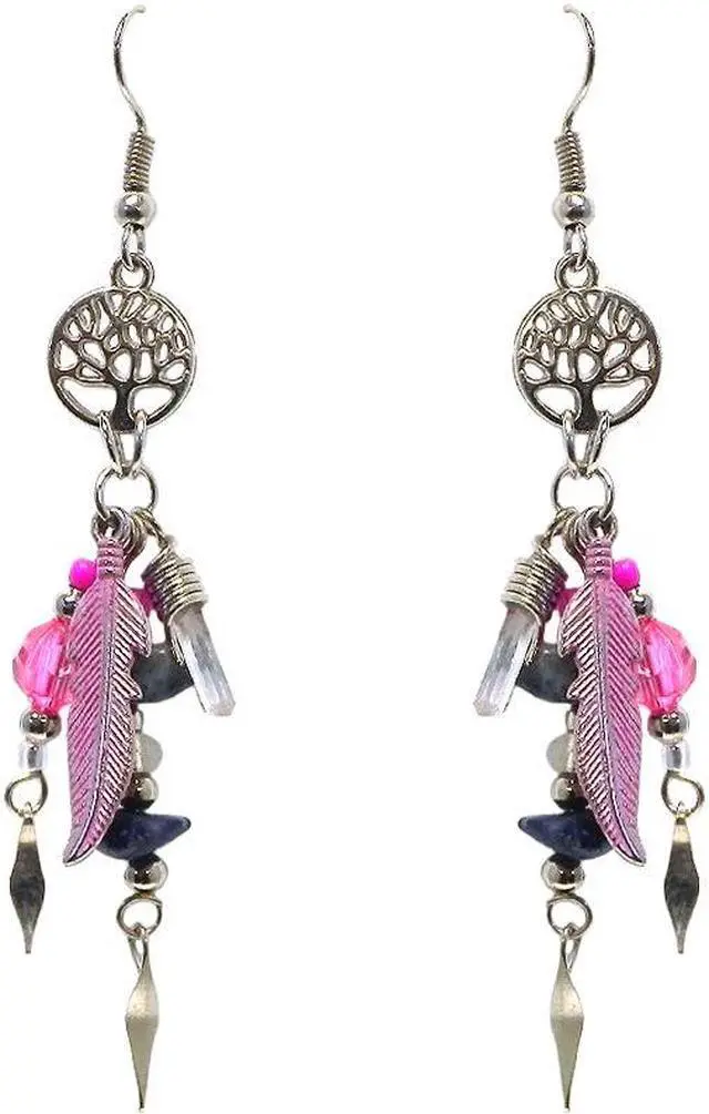 Main image of Round Silver Metal Tree of Life Chip Stone Clear Quartz Crystal Feather Charm Beaded Dangle Earrings - Womens Fashion Handmade Jewelry Boho Accessories