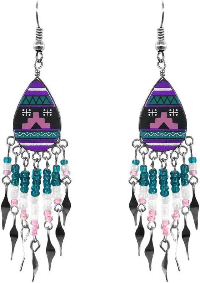 Main image of Tribal Pattern Teardrop Shaped Ceramic Long Beaded Metal Dangle Earrings - Womens Fashion Handmade Jewelry Boho Accessories