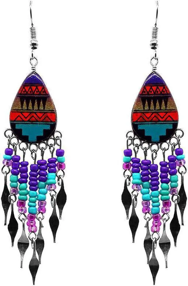 Main image of Tribal Pattern Teardrop Shaped Ceramic Long Beaded Metal Dangle Earrings - Womens Fashion Handmade Jewelry Boho Accessories