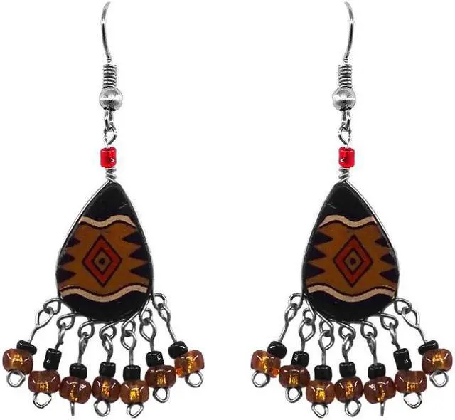 Main image of Tribal Pattern Teardrop Shaped Ceramic Short Beaded Metal Dangle Earrings - Womens Fashion Handmade Jewelry Boho Accessories