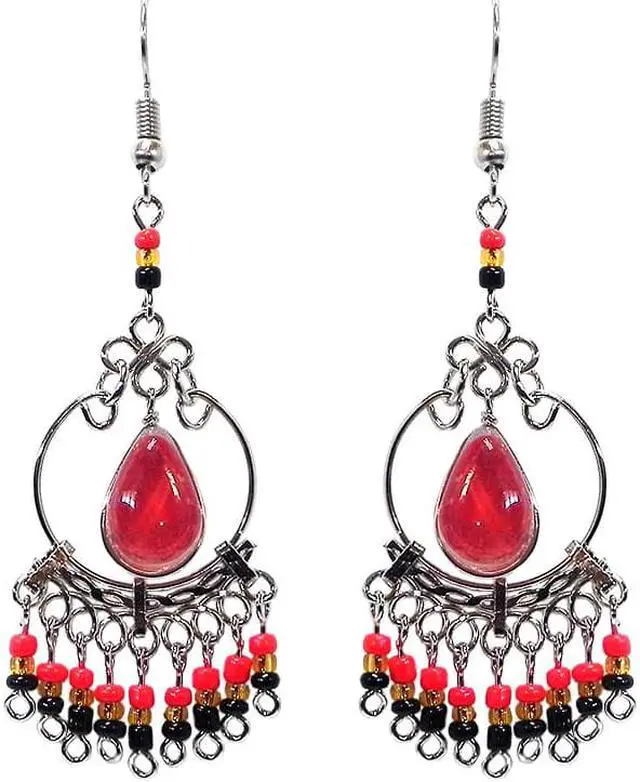 Main image of Teardrop Shaped Cat's Eye Glass Bead Round Silver Metal Hoop Beaded Dangle Earrings - Womens Fashion Handmade Jewelry Boho Accessories