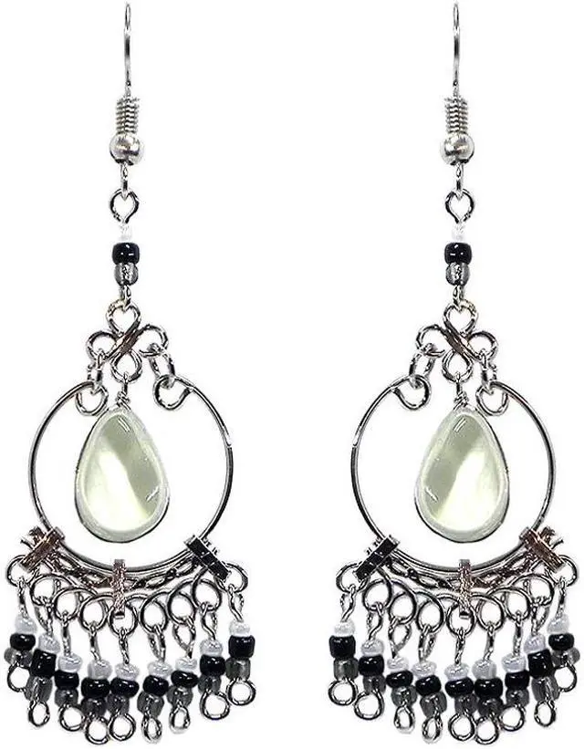 Main image of Teardrop Shaped Cat's Eye Glass Bead Round Silver Metal Hoop Beaded Dangle Earrings - Womens Fashion Handmade Jewelry Boho Accessories