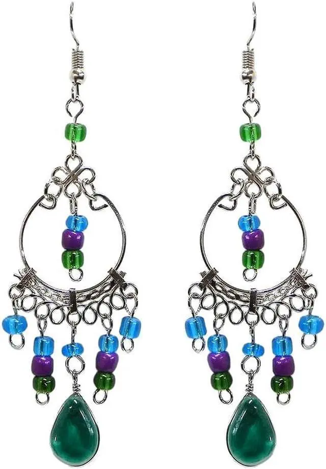 Main image of Round Silver Metal Hoop Teardrop Shaped Cat's Eye Glass Bead Long Beaded Dangle Earrings - Womens Fashion Handmade Jewelry Boho Accessories