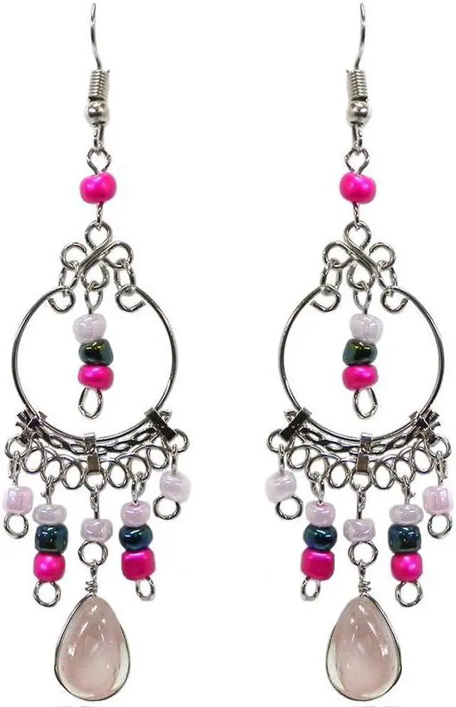 Main image of Round Silver Metal Hoop Teardrop Shaped Cat's Eye Glass Bead Long Beaded Dangle Earrings - Womens Fashion Handmade Jewelry Boho Accessories