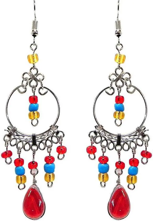 Main image of Round Silver Metal Hoop Teardrop Shaped Cat's Eye Glass Bead Long Beaded Dangle Earrings - Womens Fashion Handmade Jewelry Boho Accessories